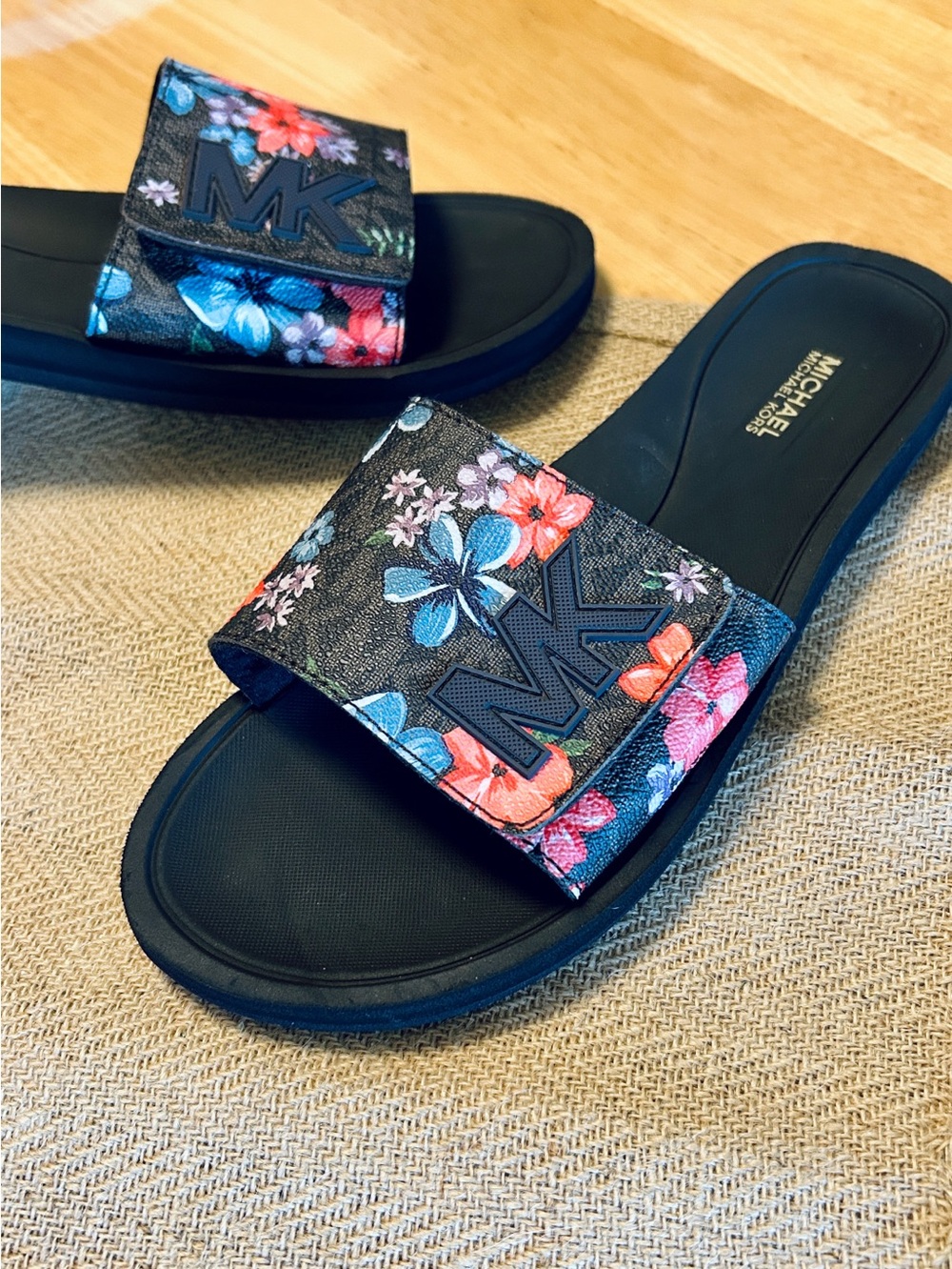 Michael Kors Black Floral Slide Sandals